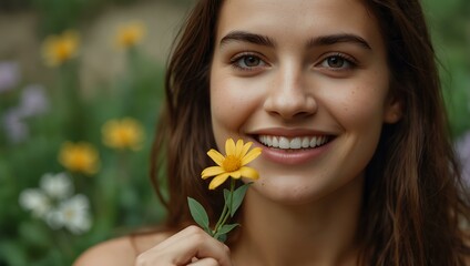 Smiling woman with a flower.