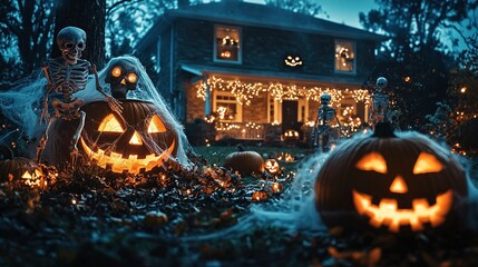 Wall Mural -   A pair of Jack O'Lantern pumpkins in front of a haunted house with a ghostly presence