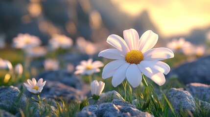 Poster - White Daisy Flower Blooming in Sunlight - Nature Photography