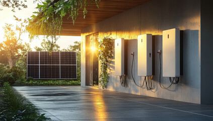 Concept of a home battery packs alternative electric energy storage system at modern home garage wall as backup or sustainable energy concepts.
