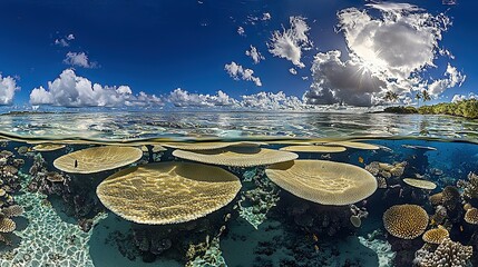 Poster -   An underwater view of a coral reef with clouds in the sky and a person on a surfboard in the water