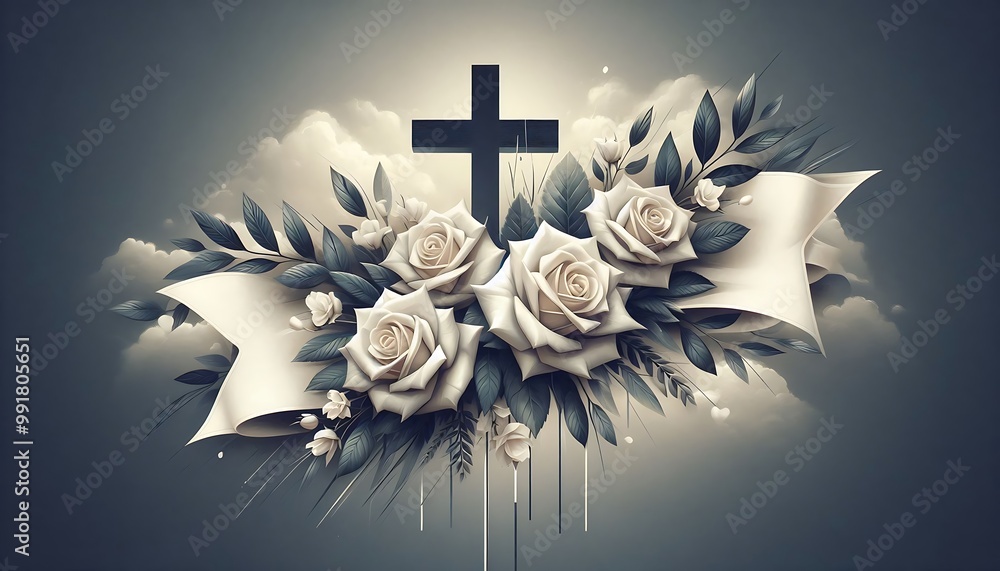 Cross Rose Frame card with christian cross with roses and place for text with generative ...