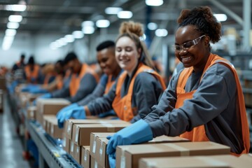 Smiling group of factory workers packaging product at conveyor belt