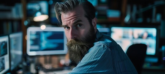 A software developer immersed in coding, surrounded by monitors displaying complex algorithms and programming languages, demonstrating the dynamic environment of tech innovation and problem-solving