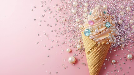 Canvas Print -  An ice cream cone adorned with pearls and jewels on a pink background, with pearls at its base