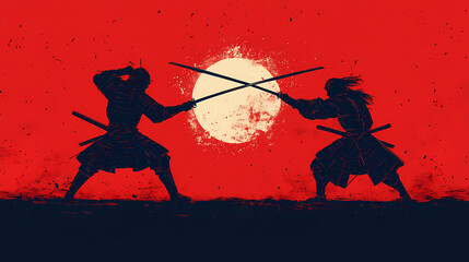 kendo warrior in minimalist line art duel. samurai duel. illustration