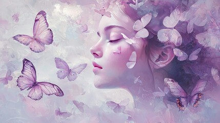 Poster -   A woman with butterflies in her hair, her eyes closed in contemplation, with her eyes partially closed on her face