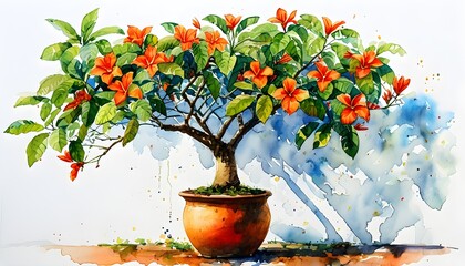 Wall Mural - Lush Rubber Plant in a Colorful Watercolor Style on a Bright White Canvas