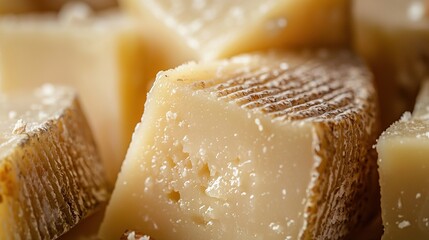   A tight close-up of two halved pieces of cheese stacked on top of each other