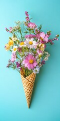 Wall Mural -   A cone of ice cream with flowers inside, on a blue background featuring pink, yellow, and white blooms