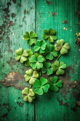 Wall Mural - Cluster of green clovers on a weathered wooden surface.