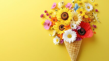 Wall Mural -  Ice Cream Cone with Bouquet on Yellow Background