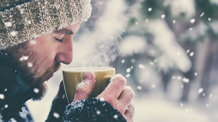 Wall Mural -   A man in winter attire holds a steaming mug and gazes at snowflakes