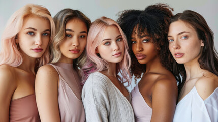 Five diverse models pose together in soft pastel attire against a neutral background during a fashion shoot