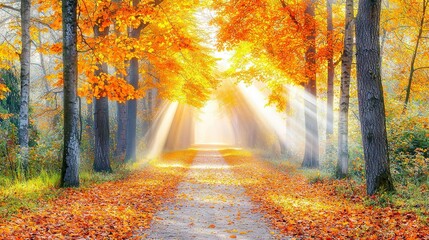 Wall Mural -  Middle Forest Path with Sunlight Shining