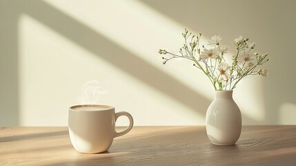 Wall Mural -   A cup of coffee sits beside a vase of flowers on a table near a window