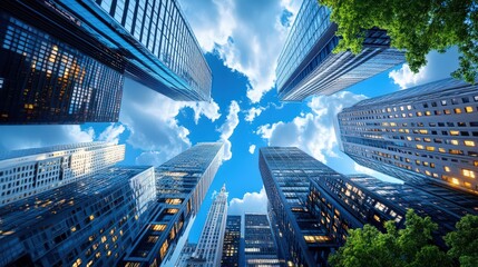 Stunning view of urban skyline filled with modern skyscrapers under a bright blue sky dotted with clouds, showcasing the beauty of city architecture.