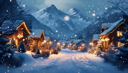 Enchanting winter village illuminated with festive lights, nestled among snow-capped mountains and gentle falling snowflakes