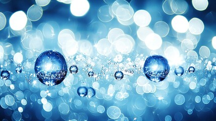 Poster -   A cluster of blue bubbles floats above a blue-and-white backdrop, with numerous bubbles dotting the surface