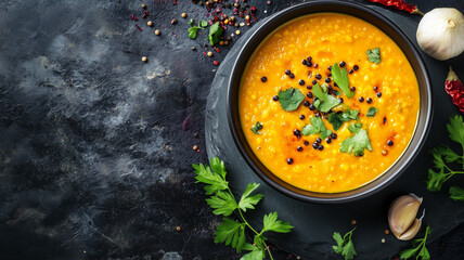 copy space, stockphoto, Masoor Dal Tadka dish. Delicious flavorful, healthy Indian lentil curry made with red lentils. Typical traditional Indian meal.