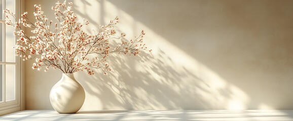 Canvas Print - White vase with delicate white flowers in front of a beige wall with sunlight.