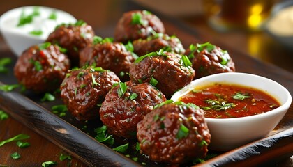 Wall Mural - Tangy BBQ Meatballs with Flavorful Dipping Sauce on an Appetizing Snack Platter