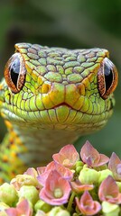 Canvas Print -   A close-up of a green snake's face with pink flowers in the foreground and a blurry background