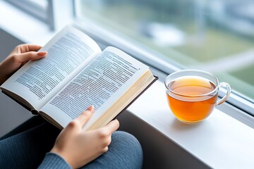 A person reading a book by a window, with soft natural light illuminating the pages and a cup of tea beside them