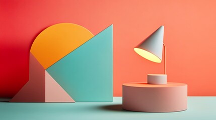 Canvas Print - A white lamp with a cone-shaped shade sits on a pink podium in front of a colorful geometric background.