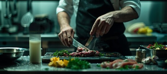 A skilled sous chef meticulously preparing a gourmet meal in a bustling kitchen, showcasing vibrant ingredients and professional techniques, ready to impress diners with culinary excellence.