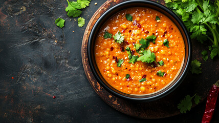 copy space, stockphoto, Masoor Dal Tadka dish. Delicious flavorful, healthy Indian lentil curry made with red lentils. Typical traditional Indian meal.