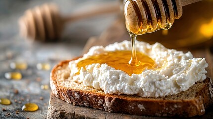 Poster -   A wooden spoon pouring honey onto bread with cottage cheese and a honey dip