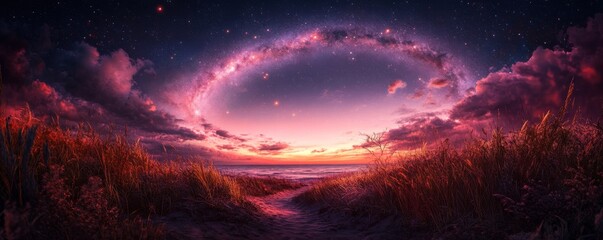 Celestial Archway A Nighttime Seascape with Grass and Stars, digital art, fantasy, milky way, stars, sky, nature