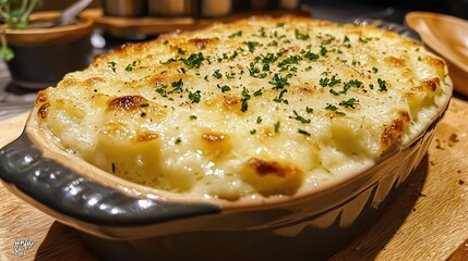 Sticker -   A photo of a close-up casserole in a wooden dish on a table with other dishes surrounding it