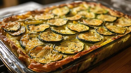 Sticker -   Casserole with zucchini and veggies in baking dish on wooden table