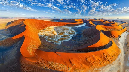 Sticker -   An aerial photo captures a vast desert terrain featuring sand dunes and a central body of water