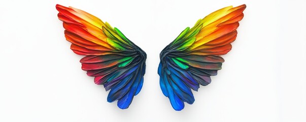 Rainbow Wings Acrylic Paint on Canvas, Colorful Wings Against White Background, Flight, Freedom, Art, wings, abstract