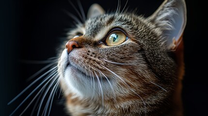 Wall Mural - a cat looking up with a black background