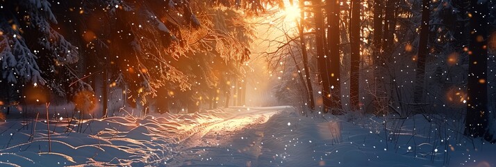 Wall Mural - a snowy road in a forest with a sunbeam in the distance