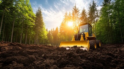 Heavy Machinery Working in Forest Clearing at Sunset