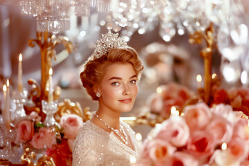 A woman with a sparkling tiara gracefully poses in an opulent venue filled with roses and shimmering chandeliers, creating a magical atmosphere