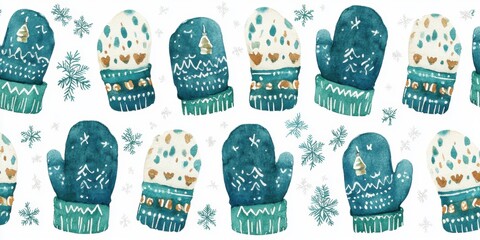 Cute Christmas watercolor seamless pattern with green and blue snowy mittens. Hand painted textured winter gloves print for textile, wrapping paper, wallpaper, new year decor 