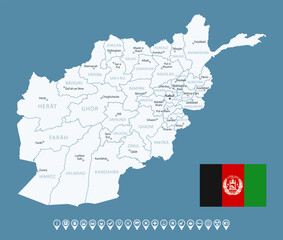 Afghanistan - detailed country map with cities and regions. Infographic icons. Vector illustration.