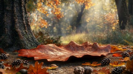 Aufkleber - A vibrant autumn leaf lies prominently on the forest floor, surrounded by an array of acorns and scattered leaves. Rays of sunlight filter through trees, enhancing the tranquil natural setting.