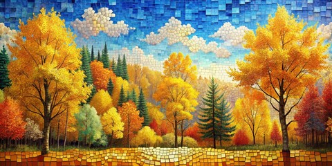 Autumn Mosaic Forest A Composition of Golden Hues and Geometric Shapes, mosaic art, autumn landscape, nature, digital art