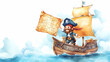© Thiago - Watercolor illustration of a cute pirate holding a treasure map on a ship, with empty space on the left for text or design. Pirate Treasure Map. Illustration