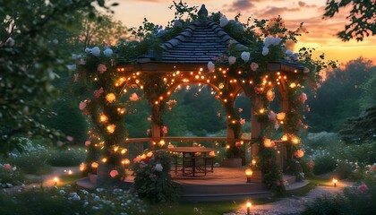 Wall Mural - Enchanting garden gazebo illuminated by fairy lights, blooming flowers, and surrounded by vibrant greenery in a warm evening atmosphere