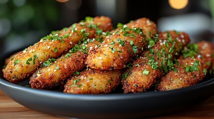 Crispy, golden-brown breaded chicken strips on a black plate, garnished with parsley and sesame seeds.