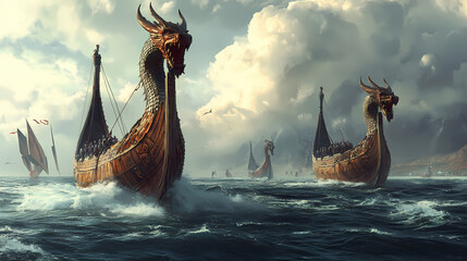 Viking ships with iconic dragon heads navigates the ocean waters. Viking Ship Voyage. Illustration