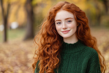 beautiful young redhead wavy red woman smiling candid , wearing vibrant brat green color knitted sweater isolated on a autumn park blurred background